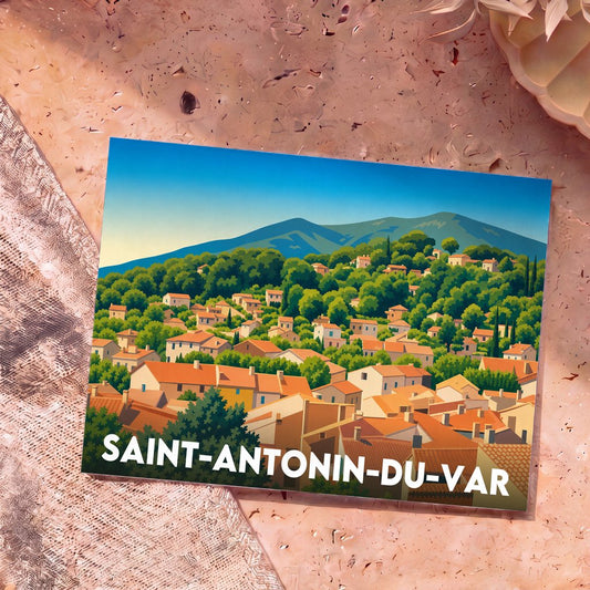 Carte postale souvenir de Saint-Antonin-du-Var présentant une illustration stylisée du village et de ses collines.