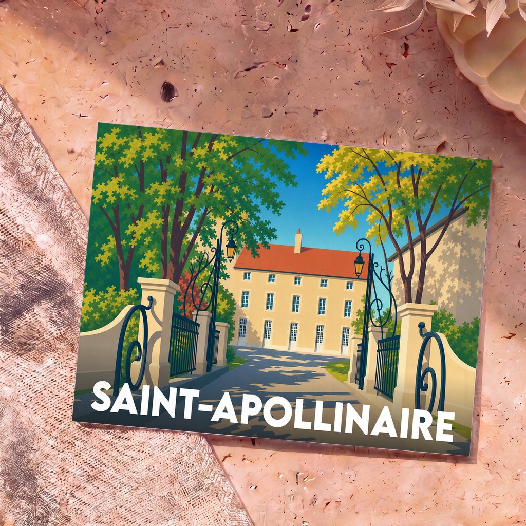 Carte postale souvenir de la ville de Saint-Apollinaire avec une illustration stylisée d'une demeure bourgeoise derrière une grille ouverte.