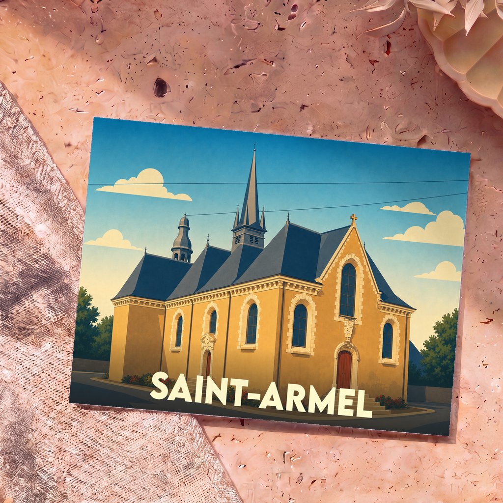 Carte postale souvenir de la ville de Saint-Armel illustrant son église dans un style graphique épuré.