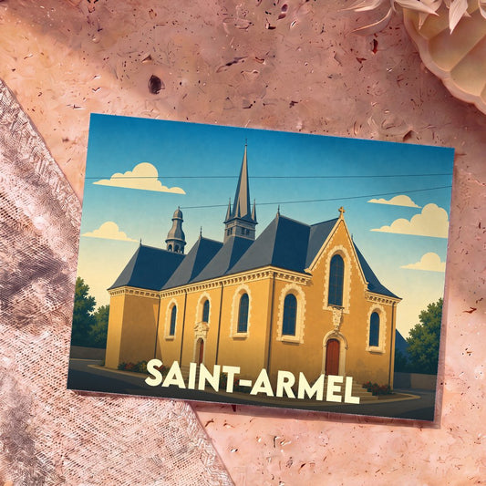 Carte postale souvenir de la ville de Saint-Armel illustrant son église dans un style graphique épuré.