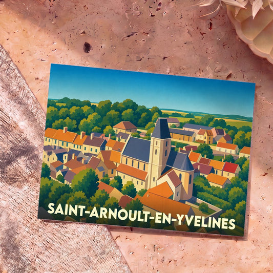 Carte postale souvenir de la ville de Saint-Arnoult-en-Yvelines avec une illustration stylisée.