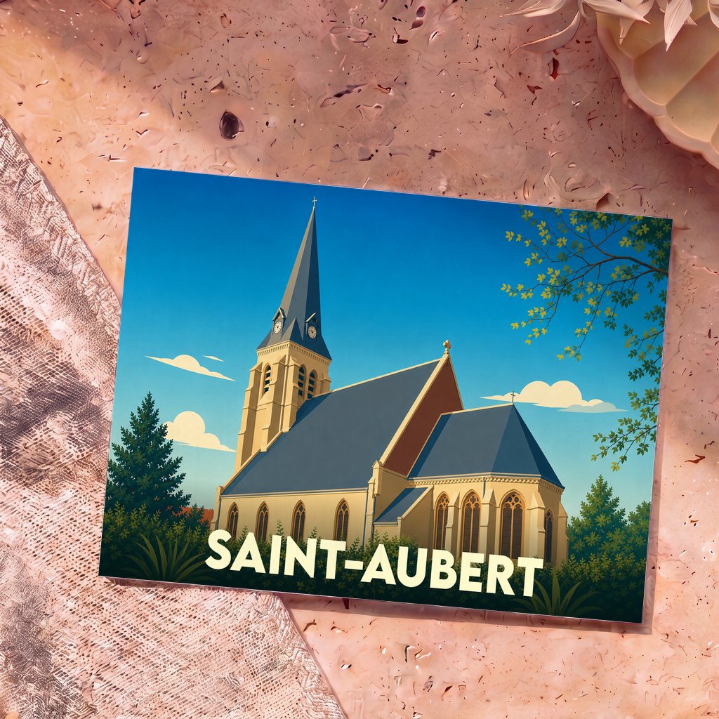 Carte postale souvenir de la ville de Saint-Aubert avec une illustration stylisée de son église.