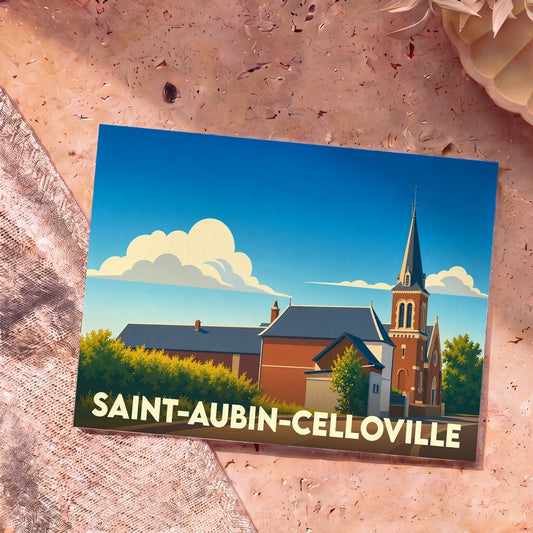 Carte postale souvenir de la ville de Saint-Aubin-Celloville avec une illustration stylisée de son église.