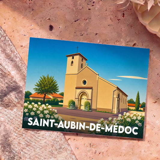 Carte postale souvenir de la ville de Saint-Aubin-de-Médoc avec une illustration stylisée de son église.