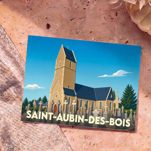 Carte postale souvenir de la ville de Saint-Aubin-des-Bois avec une illustration stylisée de son église et de son cimetière.