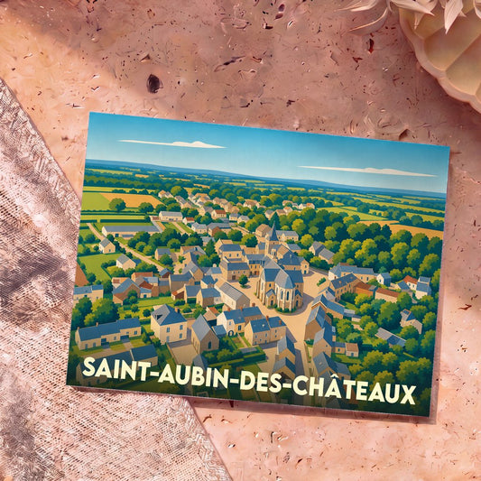Carte postale souvenir de la ville de Saint-Aubin-des-Châteaux avec une vue aérienne illustrée du village.