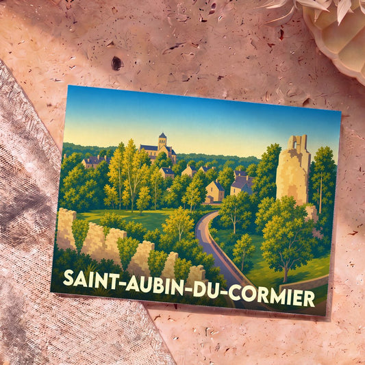 Carte postale souvenir de la ville de Saint-Aubin-du-Cormier arborant une illustration stylisée de ses remparts et de son château en ruines.