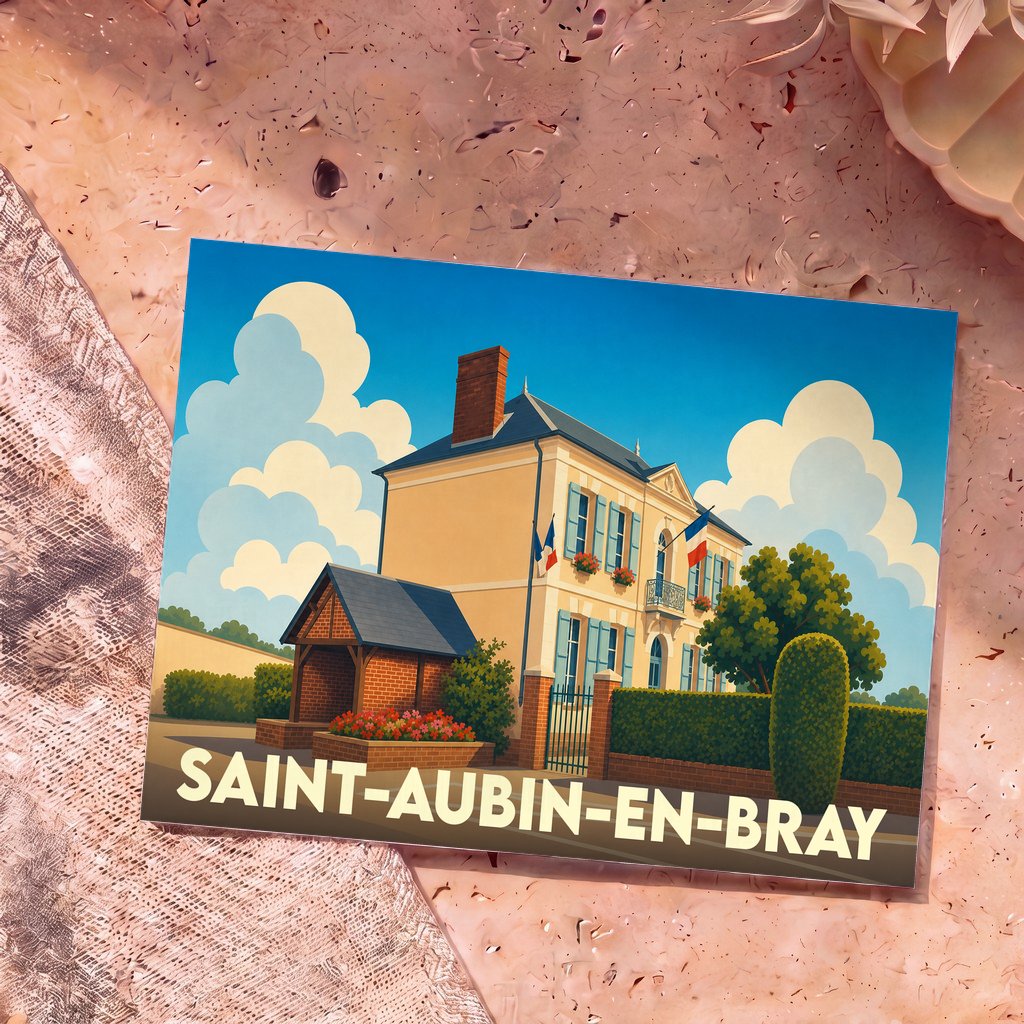 Carte postale souvenir de la ville de Saint-Aubin-en-Bray avec une illustration stylisée d'une mairie française.