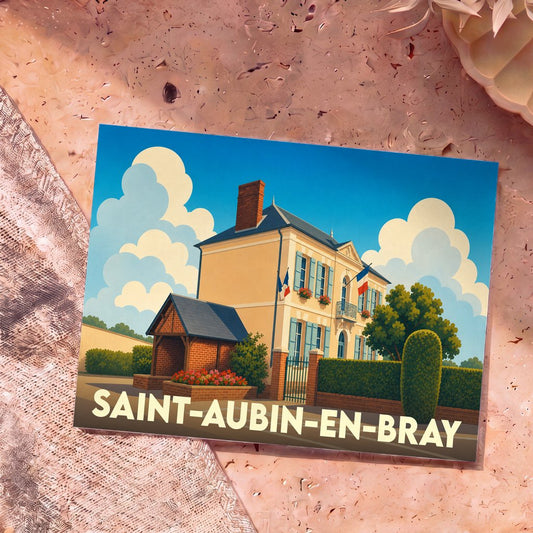 Carte postale souvenir de la ville de Saint-Aubin-en-Bray avec une illustration stylisée d'une mairie française.