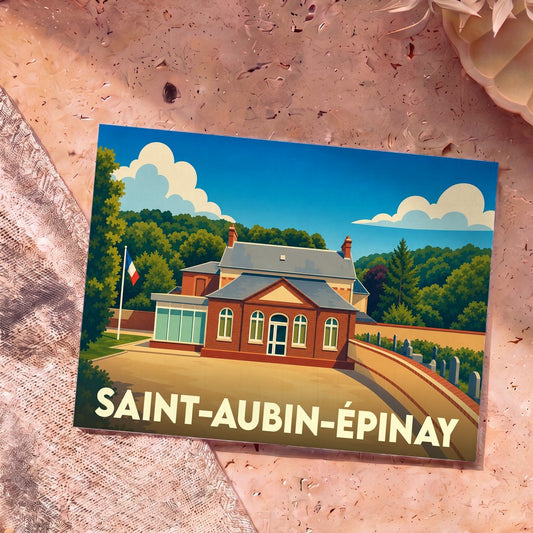 Carte postale souvenir de la ville de Saint-Aubin-Épinay avec une illustration stylisée de sa mairie.