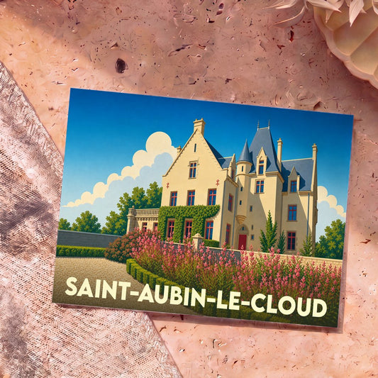 Carte postale souvenir de la ville de Saint-Aubin-le-Cloud avec une illustration stylisée d'un château.