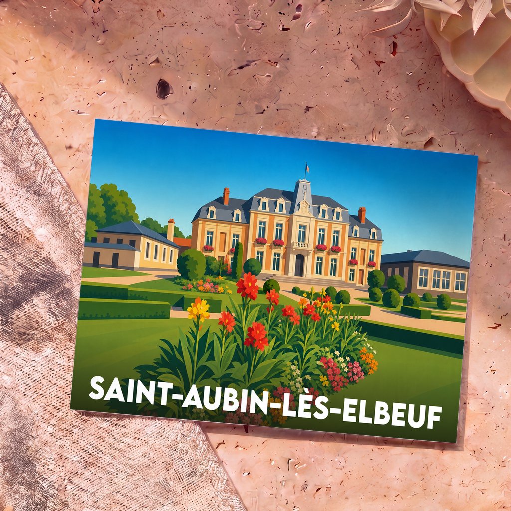 Carte postale souvenir de la ville de Saint-Aubin-lès-Elbeuf avec une illustration stylisée de son hôtel de ville et de ses jardins.