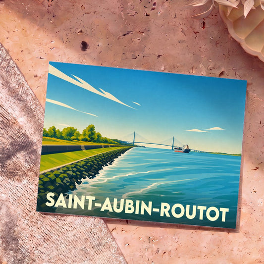 Carte postale souvenir de la commune de Saint-Aubin-Routot illustrant le Pont de Normandie avec un style graphique épuré.