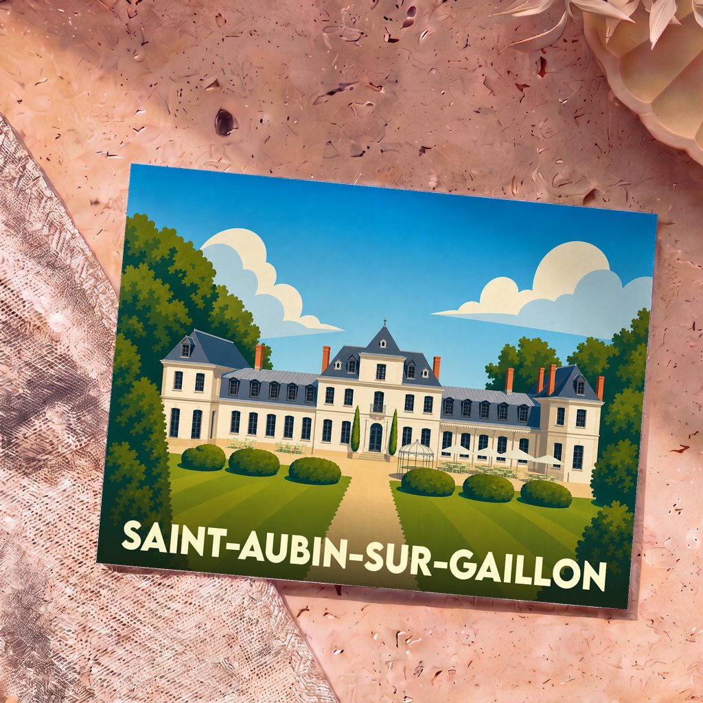 Carte postale souvenir de la ville de Saint-Aubin-sur-Gaillon avec une illustration stylisée d'un château.