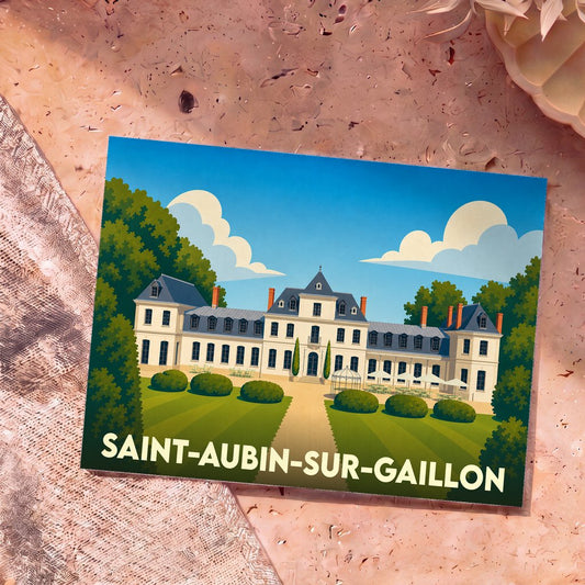 Carte postale souvenir de la ville de Saint-Aubin-sur-Gaillon avec une illustration stylisée d'un château.