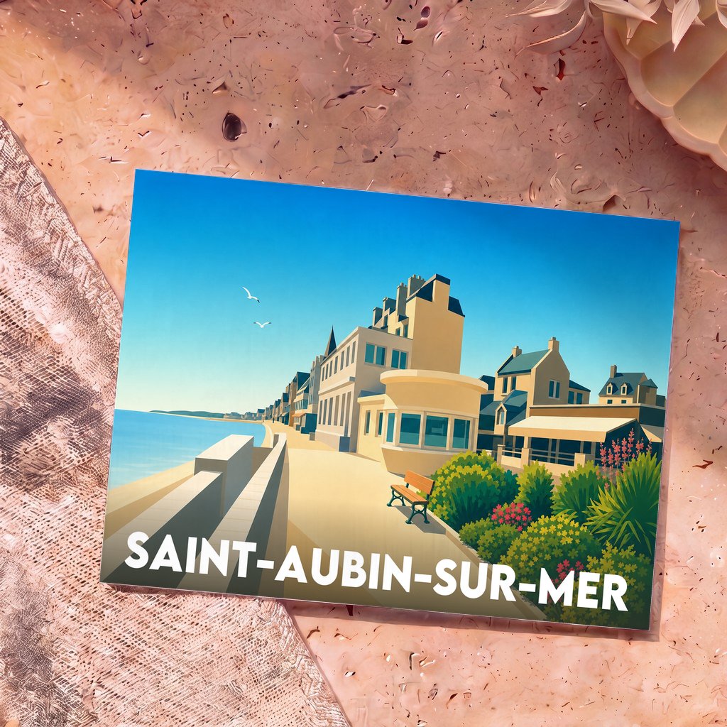 Carte postale souvenir de la ville de Saint-Aubin-sur-Mer avec une illustration stylisée de sa digue et du bord de mer.