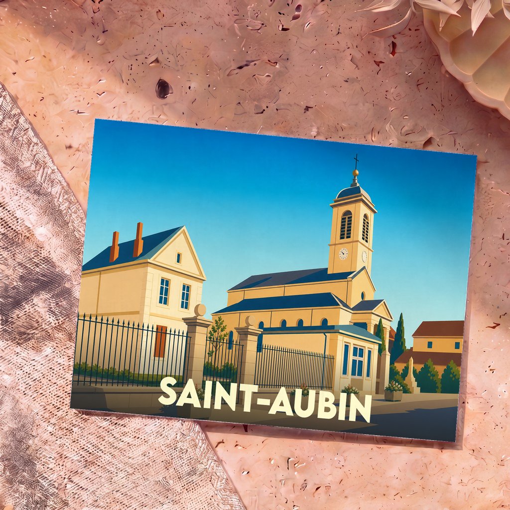 Carte postale souvenir de la ville de Saint-Aubin avec une illustration stylisée de son église et de ses bâtiments.