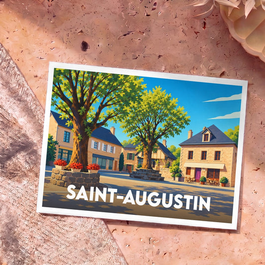 Carte postale souvenir de la ville de Saint-Augustin avec une illustration stylisée d'une place de village ensoleillée.