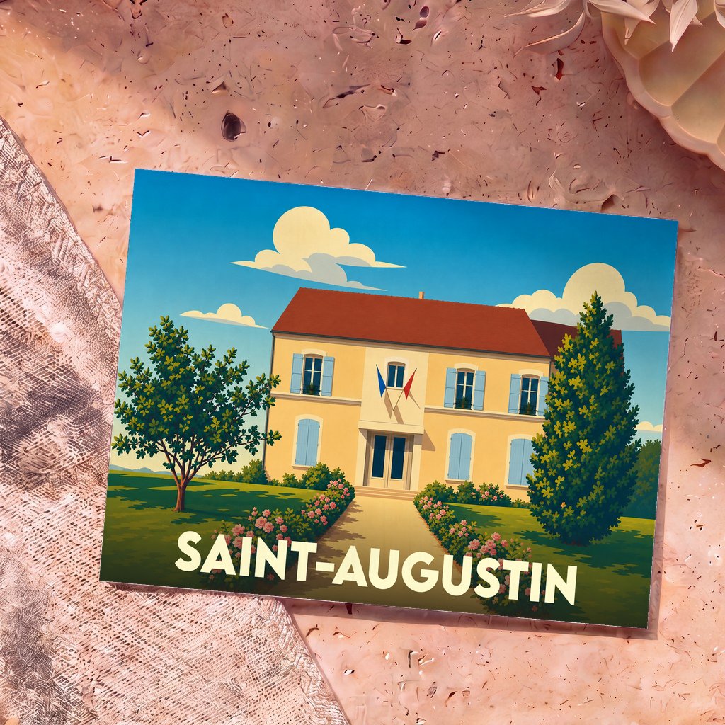 Carte postale souvenir de la ville de Saint-Augustin avec une illustration stylisée d'un bâtiment provençal.