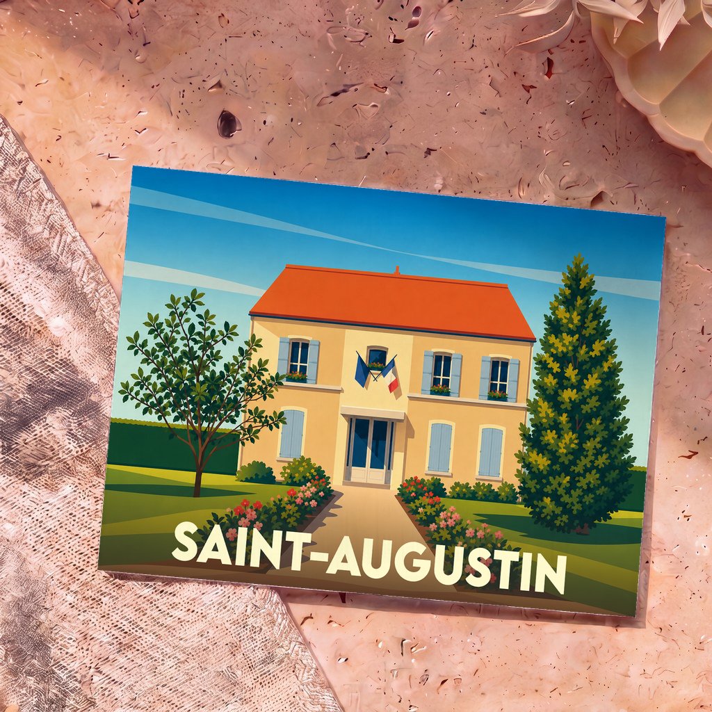 Carte postale souvenir de la ville de Saint-Augustin arborant une illustration stylisée de sa mairie.