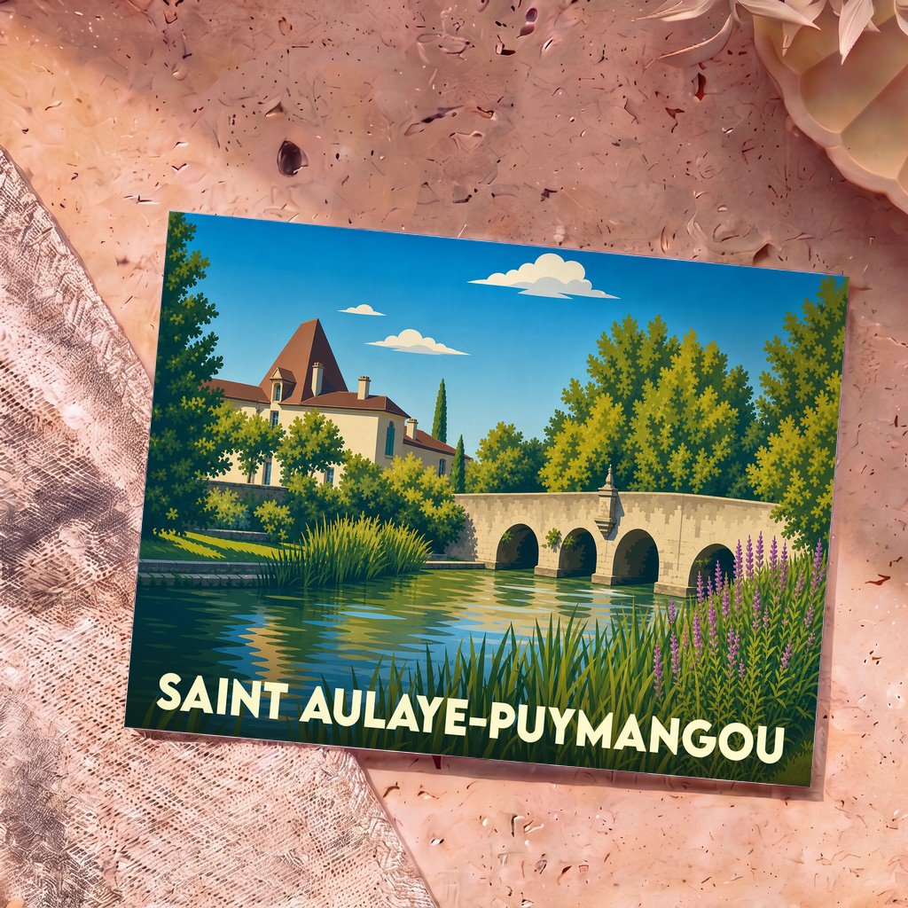 Carte postale souvenir de la ville de Saint Aulaye-Puymangou avec une illustration stylisée d'un pont et d'un château au bord de l'eau.