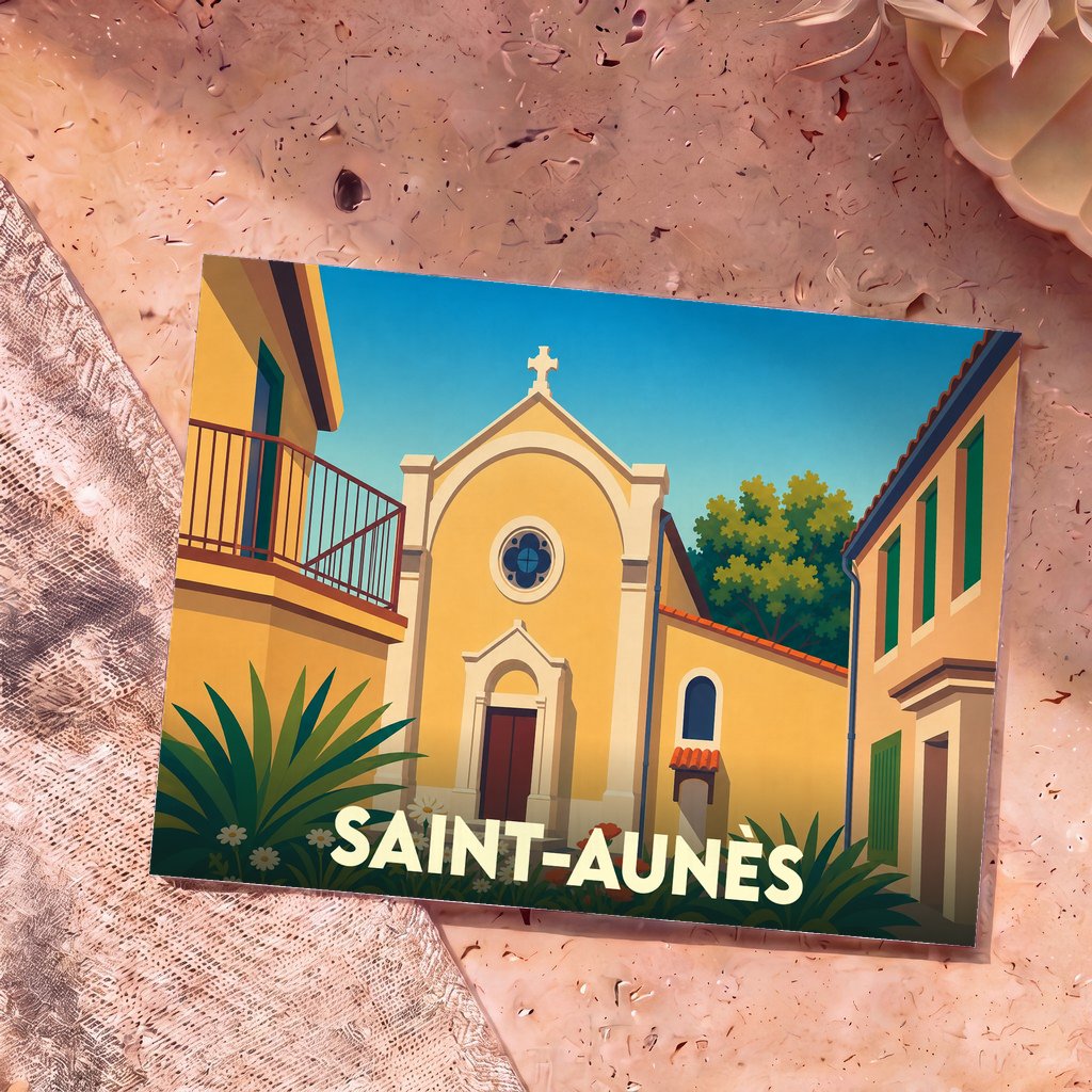 Carte postale souvenir de la ville de Saint-Aunès avec une illustration stylisée de son église et de ses ruelles ensoleillées.