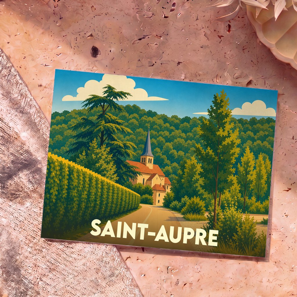 Carte postale souvenir de la ville de Saint-Aupre avec une illustration stylisée de son église et de sa nature verdoyante.