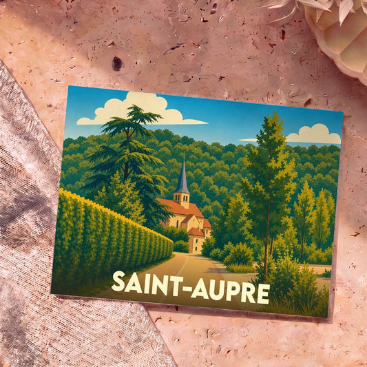 Carte postale souvenir de la ville de Saint-Aupre avec une illustration stylisée de son église et de sa nature verdoyante.