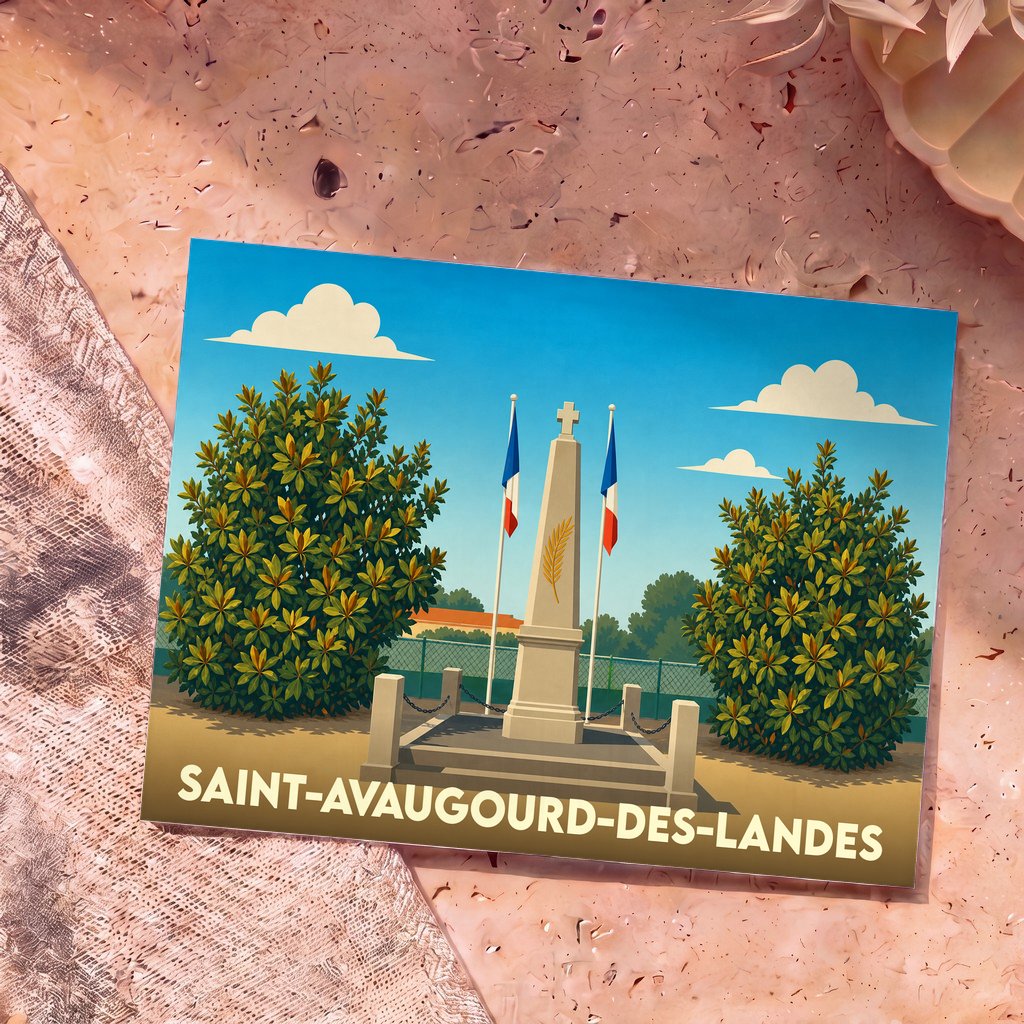 Carte postale souvenir de la ville de Saint-Avaugourd-des-Landes illustrant son monument aux morts entre deux drapeaux français.
