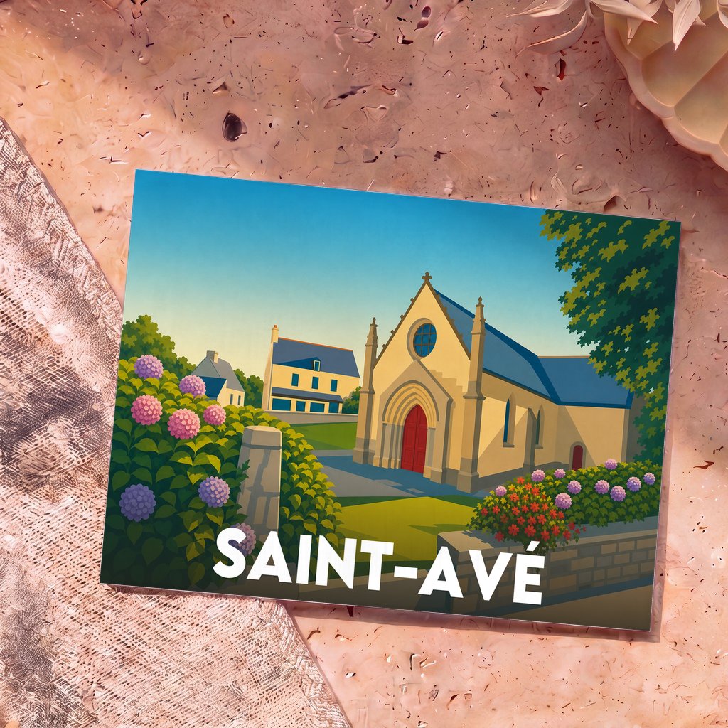 Carte postale souvenir de la ville de Saint-Avé avec une illustration stylisée de son église et de fleurs d'hortensias.