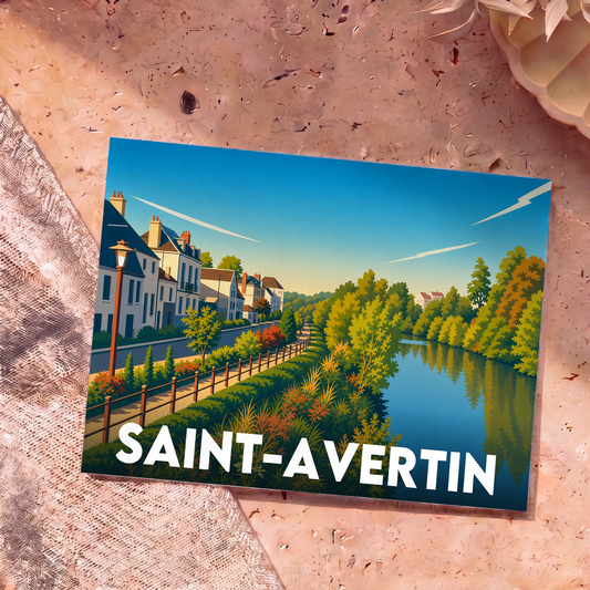 Carte postale souvenir de la ville de Saint-Avertin avec une illustration stylisée des bords du Cher.