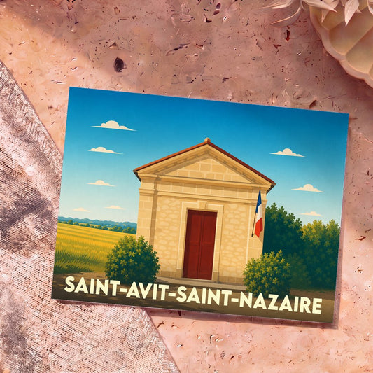 Carte postale souvenir de la commune de Saint-Avit-Saint-Nazaire avec une illustration stylisée de son église sous un ciel bleu.