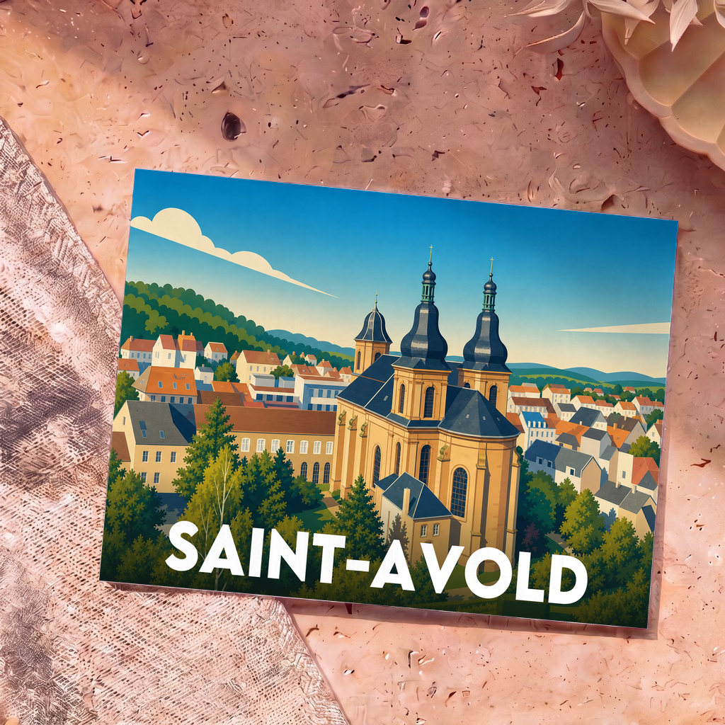 Carte postale souvenir de la ville de Saint-Avold avec une illustration stylisée de son église et de ses paysages.