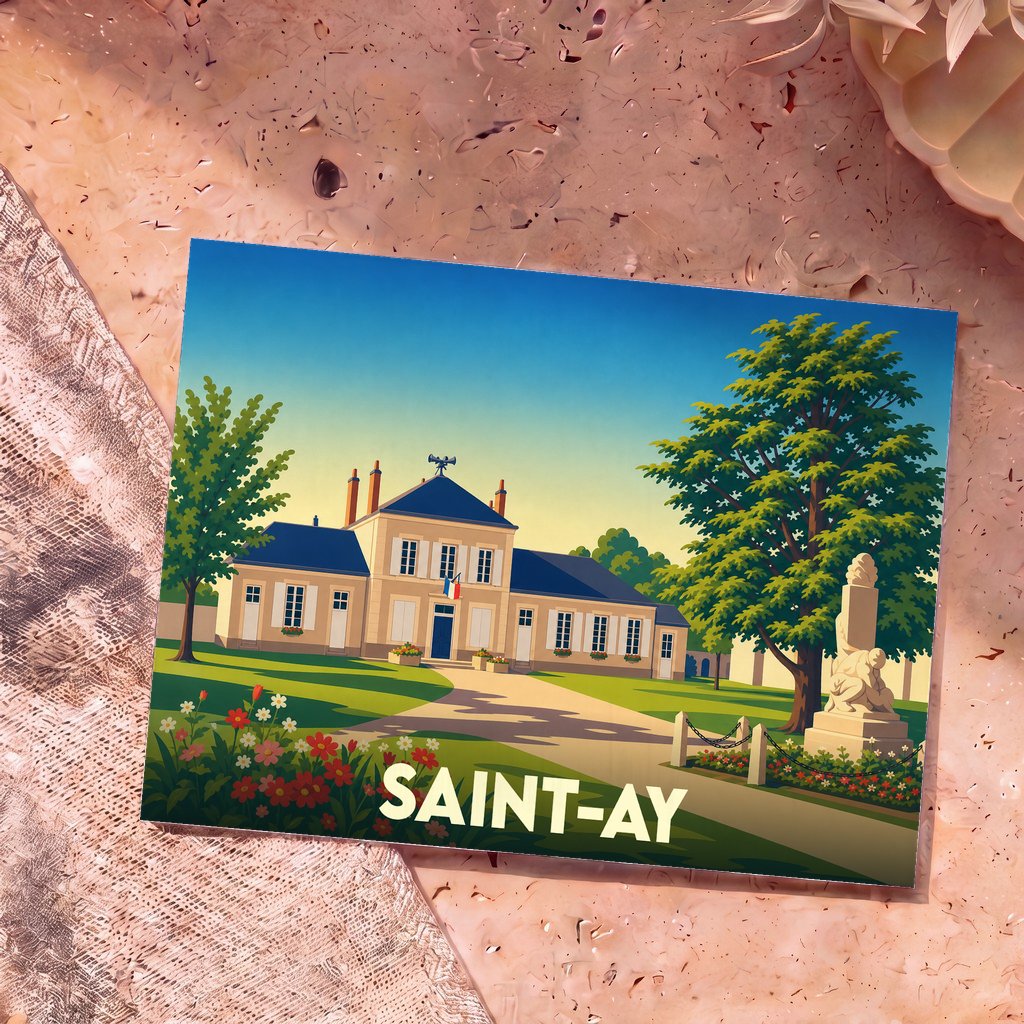 Carte postale souvenir de la ville de Saint-Ay avec une illustration stylisée de sa mairie.