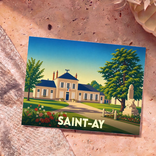Carte postale souvenir de la ville de Saint-Ay avec une illustration stylisée de sa mairie.