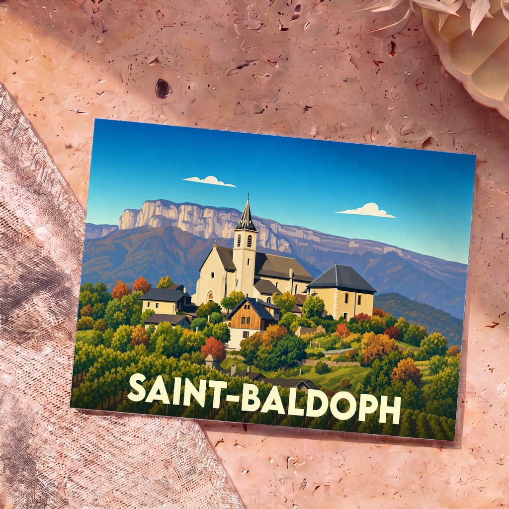 Carte postale souvenir de Saint-Baldoph avec une illustration stylisée d'un village de montagne en automne.