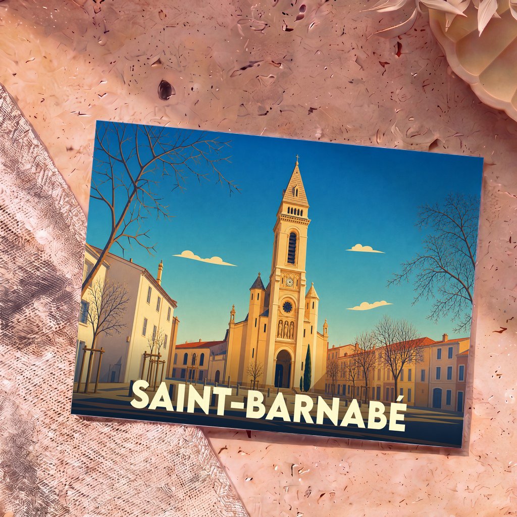 Carte postale souvenir de Saint-Barnabé présentant une illustration stylisée de son église sous un ciel bleu.