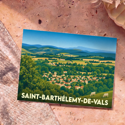 Carte postale souvenir de la ville de Saint-Barthélemy-de-Vals avec une illustration stylisée de son paysage vallonné.