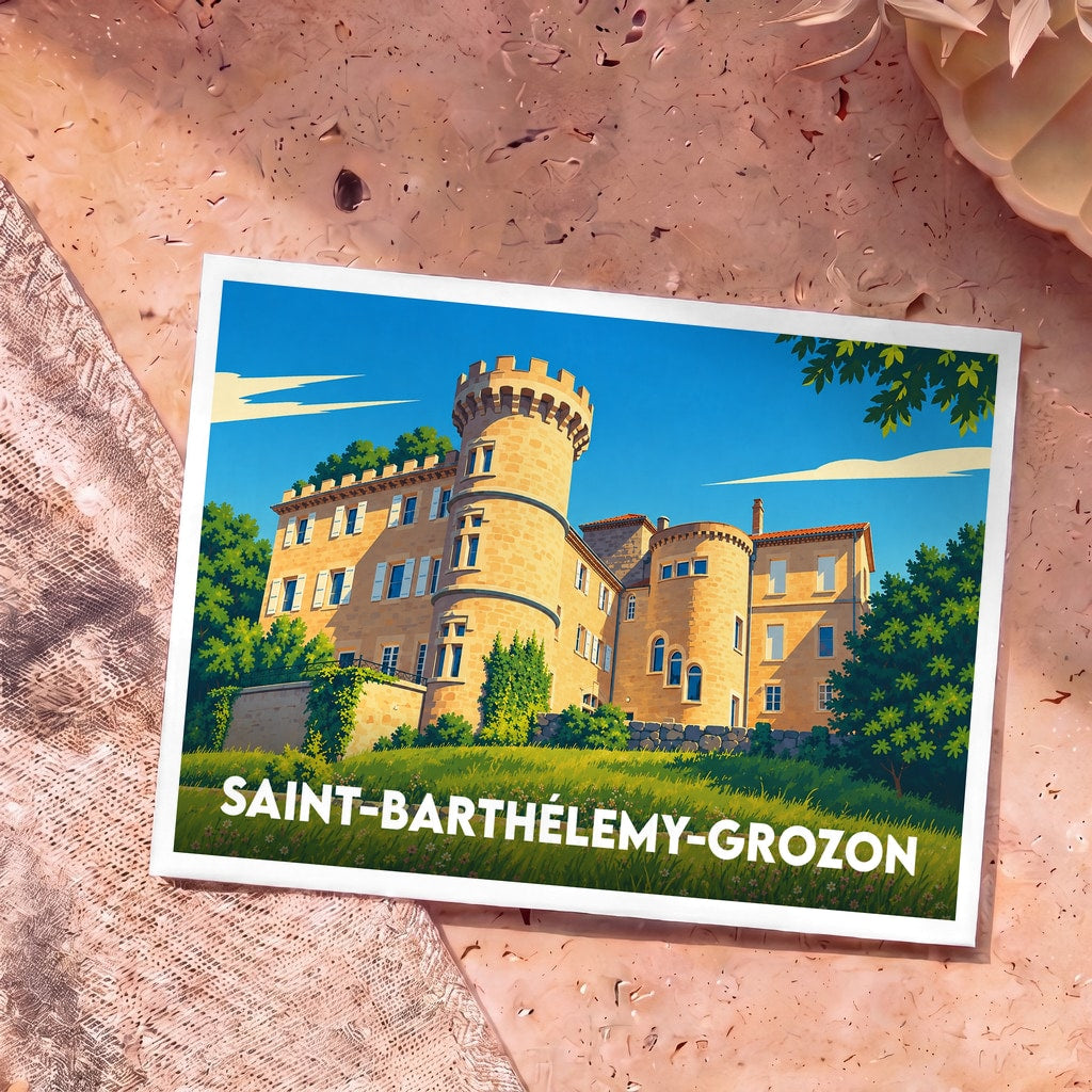 Carte postale souvenir de Saint-Barthélemy-Grozon illustrée d'un château de pierre sous un ciel bleu.