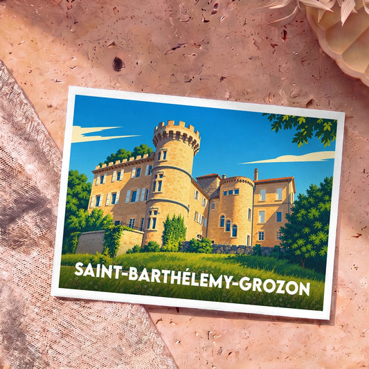 Carte postale souvenir de Saint-Barthélemy-Grozon illustrée d'un château de pierre sous un ciel bleu.