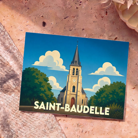Carte postale souvenir de la ville de Saint-Baudelle avec une illustration stylisée de son église.