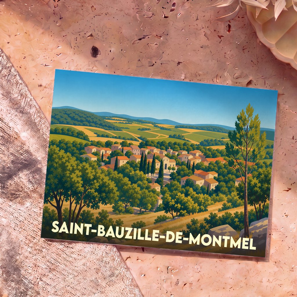 Carte postale souvenir de la ville de Saint-Bauzille-de-Montmel avec une illustration stylisée de son paysage vallonné.