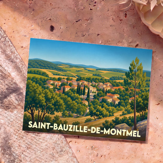 Carte postale souvenir de la ville de Saint-Bauzille-de-Montmel avec une illustration stylisée de son paysage vallonné.