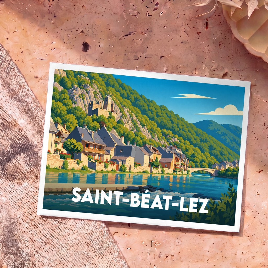 Carte postale souvenir de la ville de Saint-Béat-Lez avec une illustration stylisée montrant le village au bord de l'eau dominé par un château.