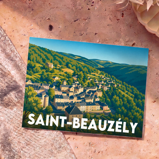 Carte postale souvenir de la ville de Saint-Beauzély avec une illustration stylisée des collines et du village.