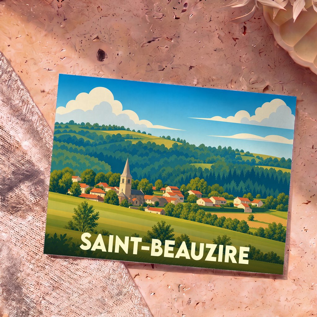 Carte postale souvenir de la ville de Saint-Beauzire avec une illustration stylisée d'un village vallonné.