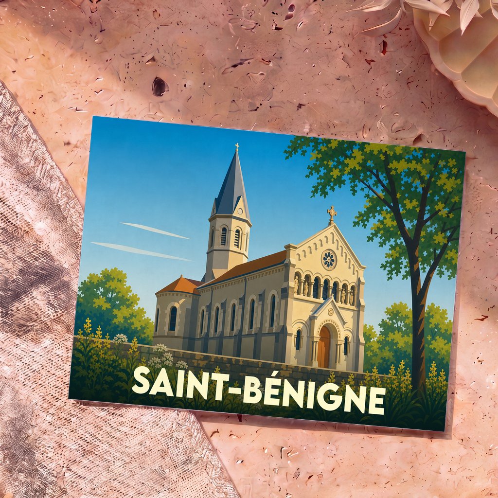 Carte postale souvenir de la ville de Saint-Bénigne illustrée d'une église de style néo-roman.