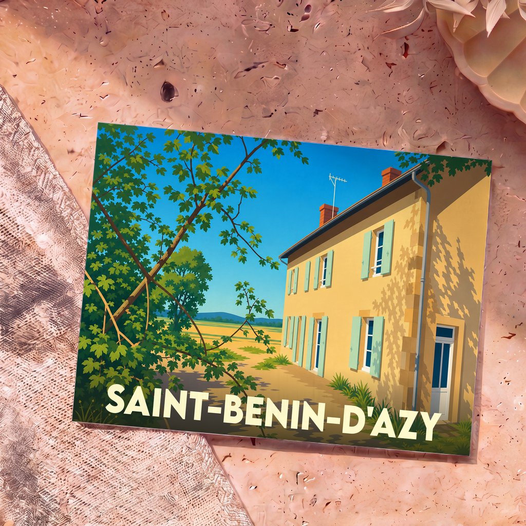 Carte postale souvenir de la ville de Saint-Benin-d'Azy avec une illustration stylisée d'une maison de campagne.