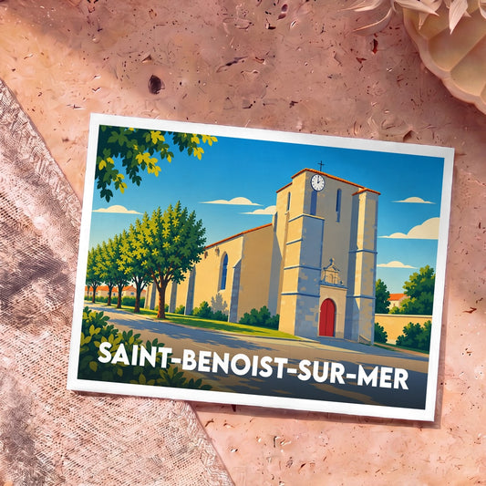 Carte postale souvenir de la ville de Saint-Benoist-sur-Mer illustrant son église sous un ciel bleu.