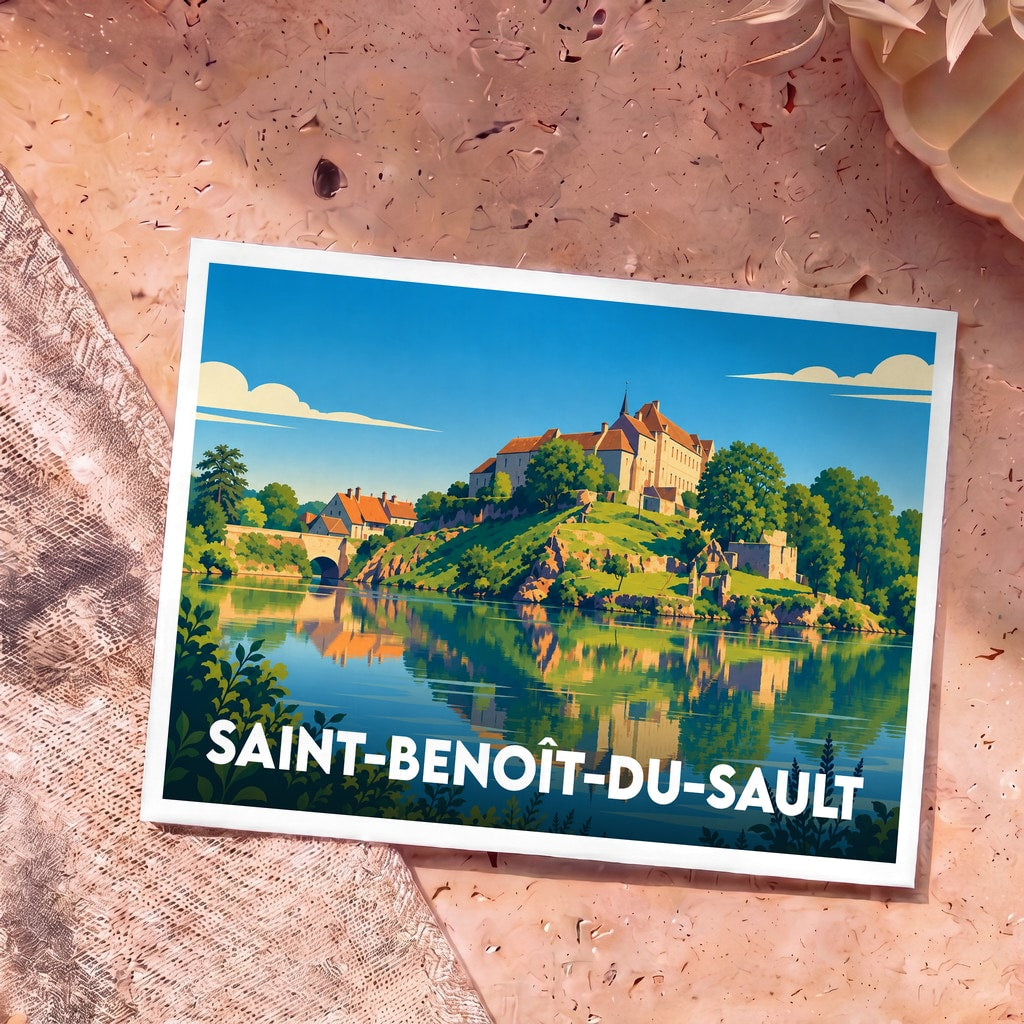 Carte postale souvenir de la ville de Saint-Benoît-du-Sault avec une illustration stylisée de ses bâtiments historiques au bord de l'eau.